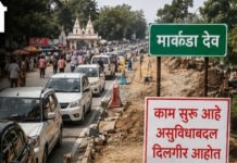 मार्कंडा देव परिसरात ट्रॅफिक जॅमची रोजची डोकेदुखी; MSRDCच्या मुजोर कंत्राटदाराच्या नियोजनशून्य कामांमुळे नागरिक हैराण, ग्रामपंचायत-मंदिर ट्रस्टच्या हस्तक्षेपाची मागणी.?